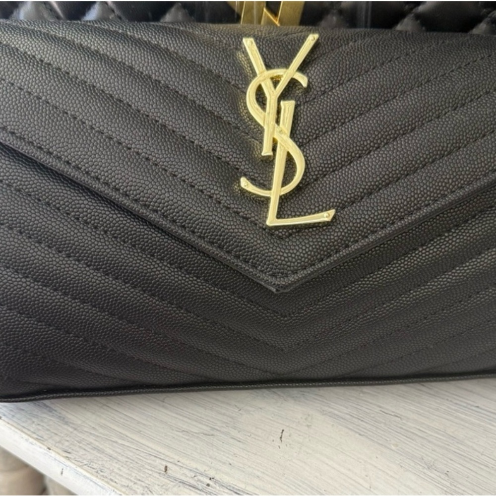 Yves Saint Laurent Black Chevron Clutch with Gold Logo